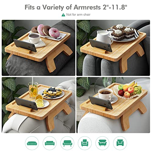 Bamboo Sofa Arm Tray Table Clip On Couch Arm Table With 360° Rotating Phone Holder, Portable Stable Sofa Clip Tray, Foldable Couch Armrest Clip Table For Food, Snack, Drinks, Cups, Glasses, Remote #TOP6