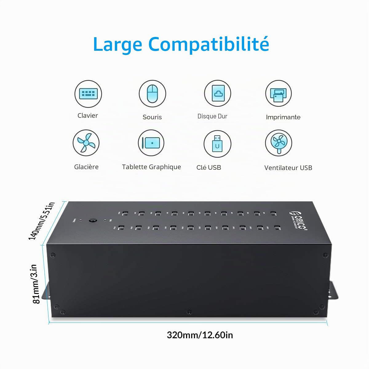 ORICO Hub USB 2.0 Industriel à 20 Ports avec Puissance de 150 W, boîtier entièrement en métal, Transfert de données à Haute Vitesse