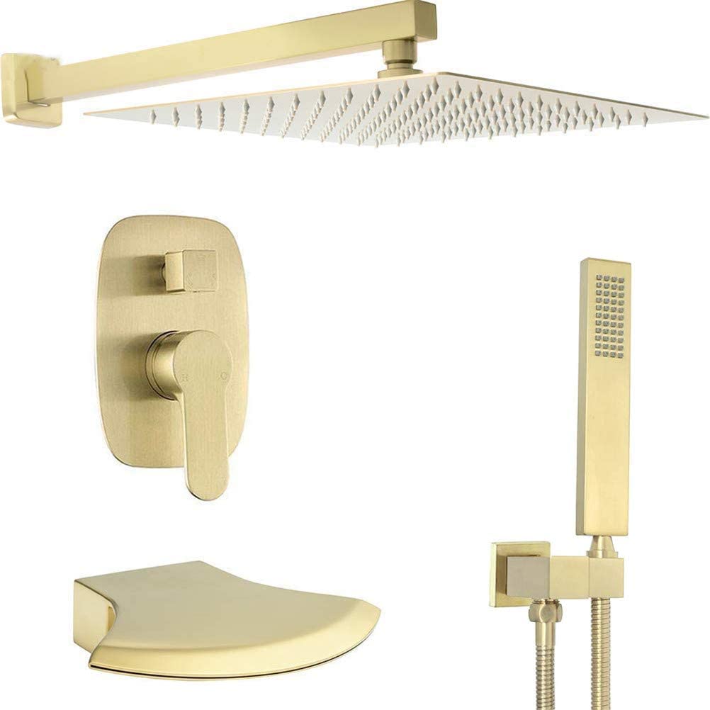 NZPOST Shower Faucet Mixer Set, Wall Mounted Brass with Waterfall Tub Taps 10-12" Rainfall 3 Functions S