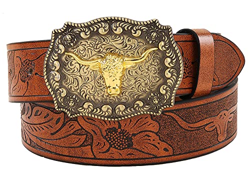 NociHah Men’s Western Cowboy Leather Belt Bull Pattern Buckle Brown