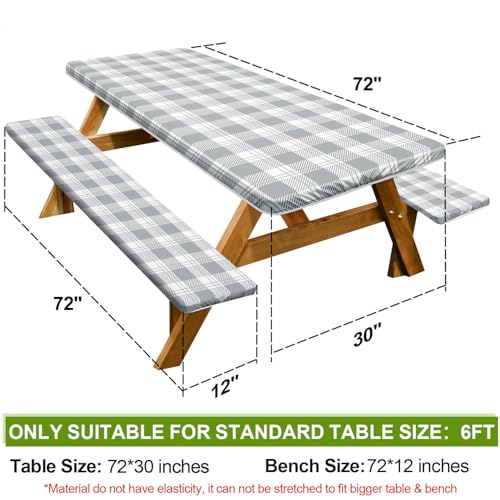Picnic Table Cover with Bench Covers Camping Essentials Waterproof Windproof Camping Tablecloth with Drawstring Bag, Fitted Rectangle Tables and Seats, 72in, Grey Checkered