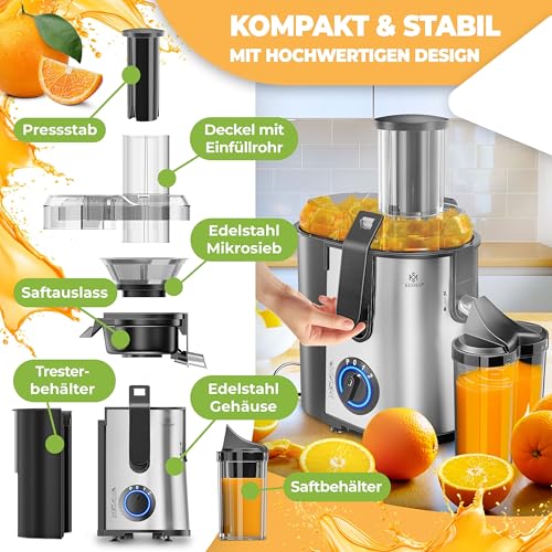 KESSER - Centrifugeuse en Inox Fruits et légumes 1100W, Extracteur de jus, Capacité 1L, Ouverture 85mm – Image 3