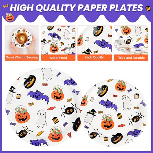Puevenyi 96Pcs Happy Halloween Paper Plates And Napkins Set, Halloween Theme Party Decorations Set Include Paper Plates thumb #2