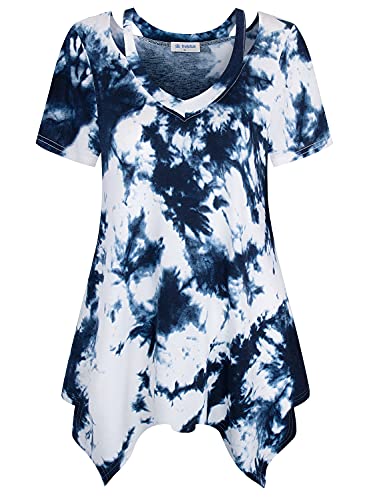 Bulotus Short Sleeve Tunic Tops to Wear with Leggings, Tie Dye Shirts for Women Cut Out V Neck Tunics Asymmetrical Casual Summer Tops, Tie Dye, X-Large