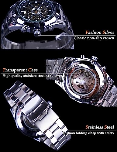 Image of FORSINING Men's Watch Self-wind Skeleton Hollow Out Mechanical Automatic Luxury Watches, Blue Black Stainless Steel Band Waterproof Wristwatch