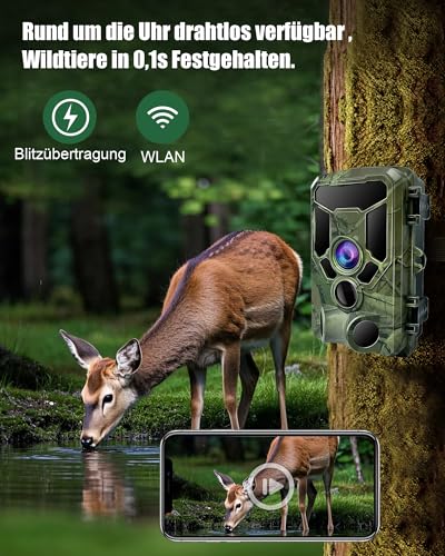 HAZA 4K WLAN Wildkamera mit App 60MP HD Wildtierkamera mit 940nm Nachtsicht Bewegungsmelder WiFi Jagdkamera mit SD Karte,120°Weitwinkel,0.1s Trigger,IP66 für Wildüberwachung/Deer Scouting (4K)