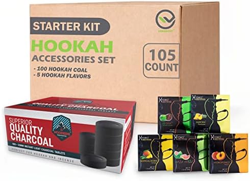 Hookah Coals and Flavors Set, 100 Woodbine Charcoal Discs and 5 Hydro Herbal Hookah Accessories Set