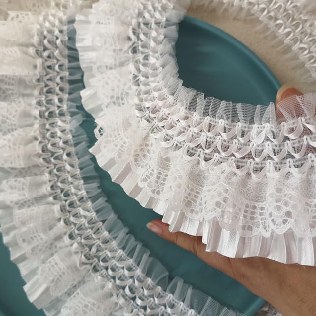 Dressmaking Frilled Trim, 7cm White Pleated Net Ribbon Fabric Embroidery Applique Sewing Craft Crochet Wedding Dress Collar Ruffle Clothes(White)