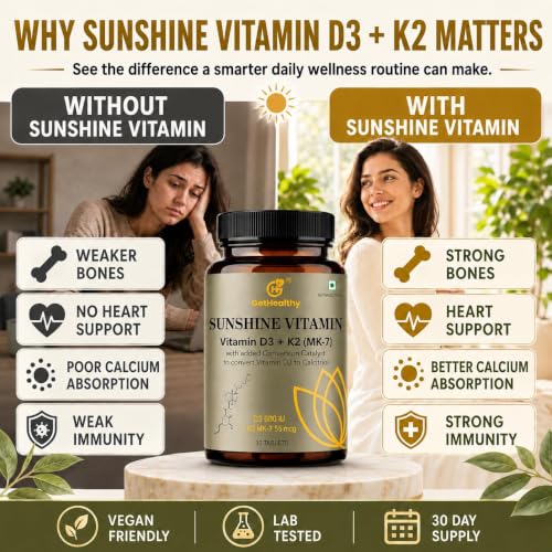 Image of GetHealthy Sunshine Vitamin Premium Vegan Vitamin D3 K2 MK7 Tablets | Lichen D3 600 IU + MK-7 55 mcg with Zinc, Curcumin, Piperine, Magnesium & MCT | Bone, Heart & Immune Support | Lab Tested | 120 Day Supply