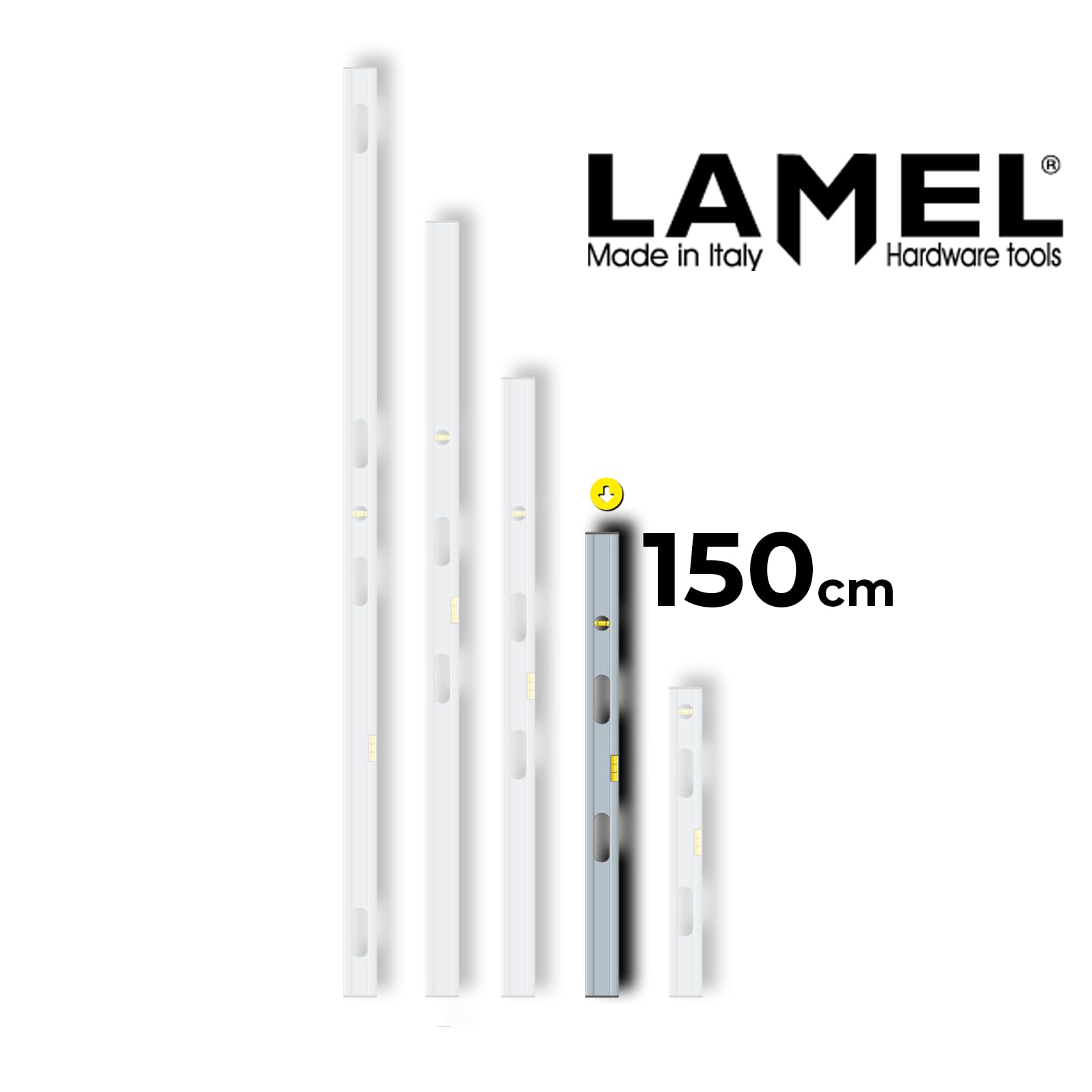 LAMEL Nivel con burbujas y asas, 150 cm, de aluminio anodizado, perfil reforzado.