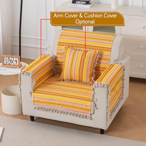 Image of HOKIPO 'Artisan Boho Series' 450 GSM Sofa Cover with Tassels | Multicolor Cotton Acrylic Jacquard Slipcover for 1 Seater Sofa, Size 152x60 cm, Mustard Yellow (IN-907-A1)