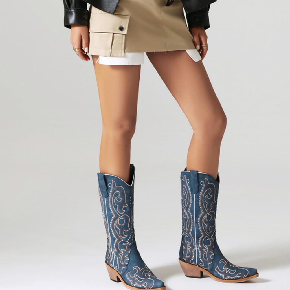 Stivali Cowboy Donna Western in Camoscio Blu Navy con Ricamo Tacco Largo in Legno Stile Country Rodeo Danza