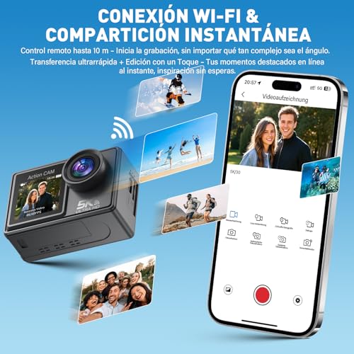 Ruycllo Cámara Deportiva 5K/4K 50MP - Cámara Subacuática 30M, Estabilizador EIS, WiFi, 2 Baterías, Gran Angular 170°, Control Remoto, Ideal para Buceo, Casco Camara Moto- Sin Tarjeta MicroSD - imagen 6