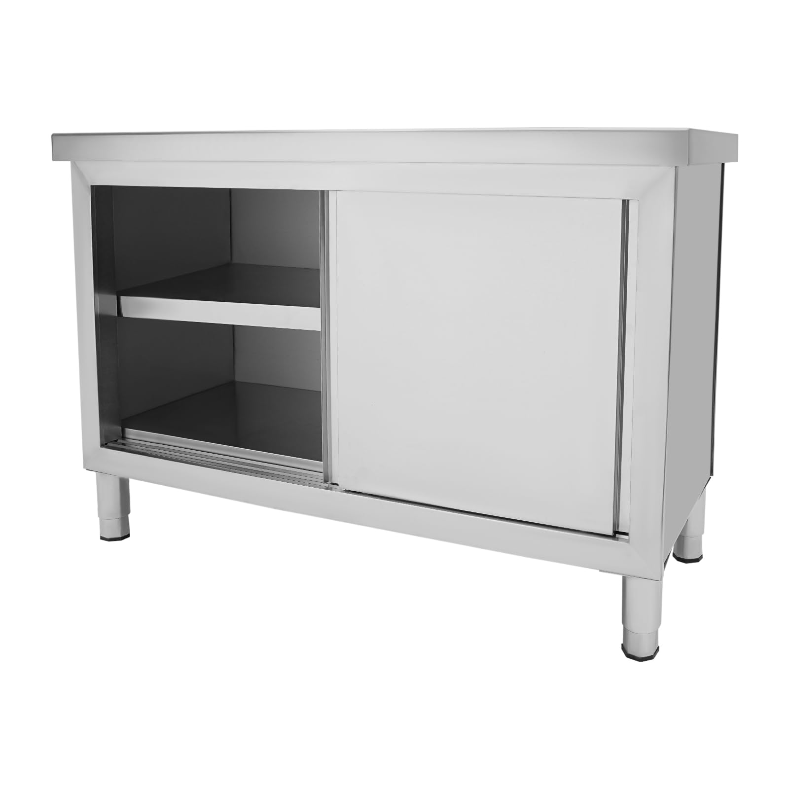 Mesa de trabajo de acero inoxidable, armario de 2 niveles de acero inoxidable con estante inferior y puertas correderas, mesa de cocina, banco de trabajo, encimera para cocinas, hoteles,