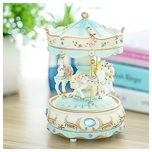 HKZTUY Carousel Music Box with 3 Rotating Horses, Color-Changing LED Lights, Wind-Up Clockwork 18-Note Melody, Small Resin Tabletop Decor, 5.9" Tall x 3.93" Dia (Blue)