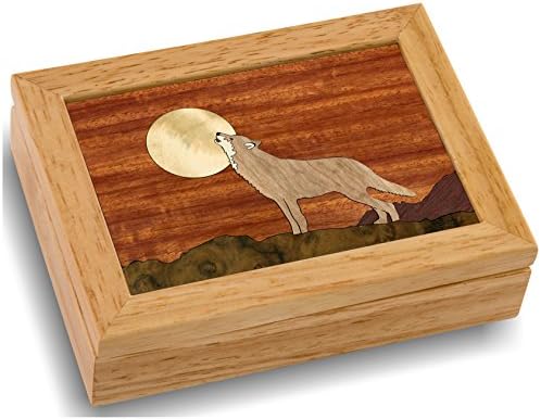 Wood Art Wolf Box - Handmade in USA - Unmatched Quality - Unique, No Two are the Same - Original Work of Wood Art. A Wolf Gift, Ring, Trinket or Wood Jewelry Box (#4117 Howling at the Moon 4x5x1.5)