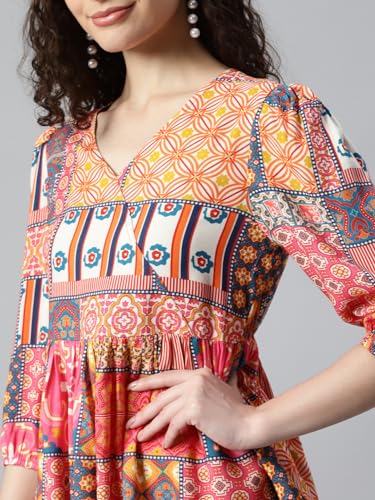 Image of DEEBACO Women's Geometric Print Rayon Top & Pants Co Ord Set For Women V Neck 3 /4 Puff Sleeve Ladies Party Casual Wear Fashionable For Girls Loose Fit Cord Set (DBCOMR00000983 M Multicolor)