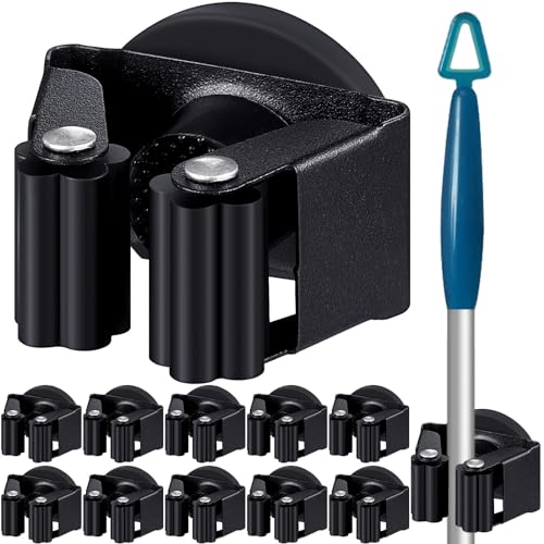 Vercraft 10 Pcs Magnetic Mop Broom Holder Movable Magnetic Broom Holder Rack Anti Slip Wall Mounted Utility for Cleaning Tools Garage Kitchen Laundry Garden (Black)