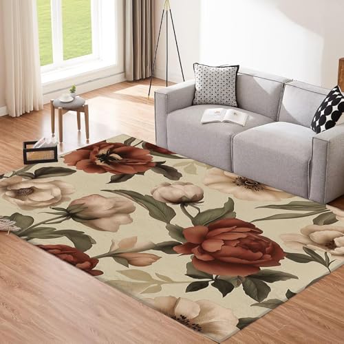 Tapis de salon pivoines antidérapant et lavable grand format pour chambre