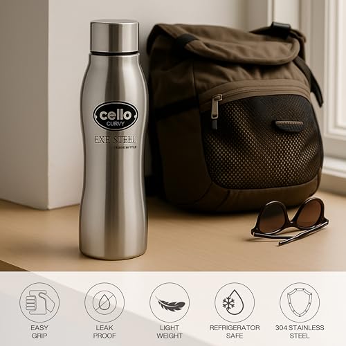 Image of CELLO New Curvy Stainless Steel Water Bottle for Daily Use 1000ml Silver | Single Wall Freezer & Fridge Safe, Rustproof & Leak Proof Lightweight Easy to Carry Water Bottle for Office Travel and Gym