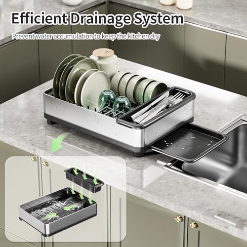 Image of Ewaiira Dish Drying Rack, 304 Stainless Steel Dish Racks for Kitchen Counter, Dish Drainers with Automatic Drainage, Utensil Holder & Cups Holder, Space Saving Kitchen Organizer (1-Tier Silver)