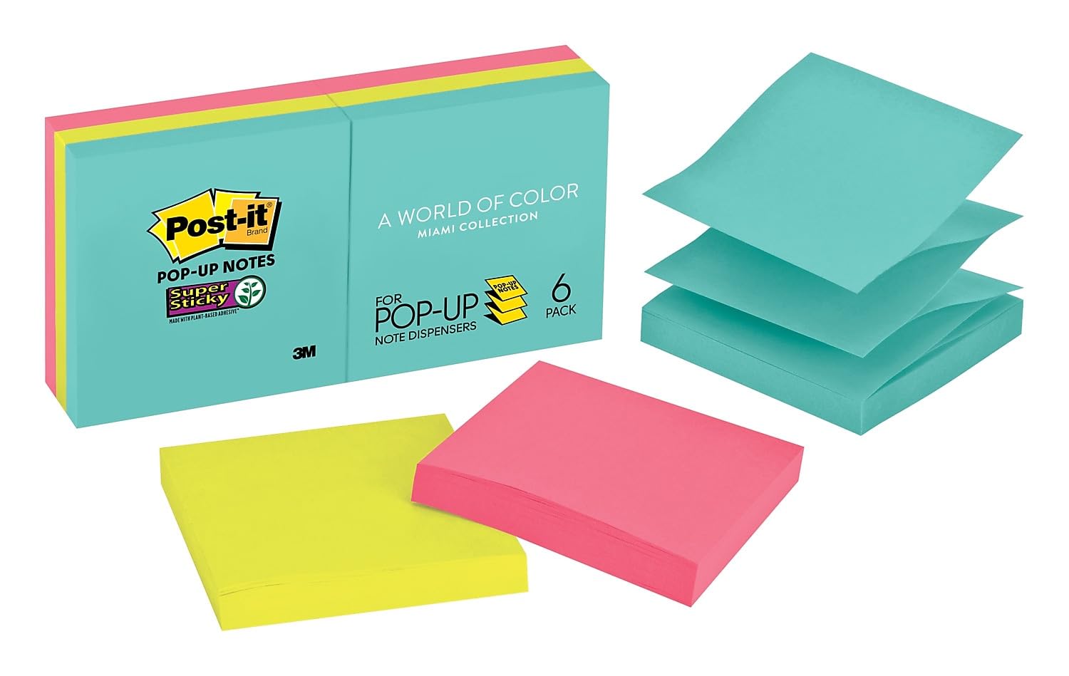 Post-it Pop-up Notes Super Sticky R3306SSMIA Pop-up 3 x 3 Note Refill Miami 90/Pad 6 Pads/Pack