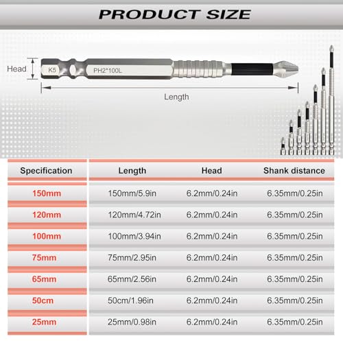 Image of Magnetic Screwdriver Bit Set, Strong Magnetic Anti Slip Durability Screwdriver Drill Bit Set,25 50 65 70 100 120 150MM Magnetic Screwdriver Bits (7pcs)