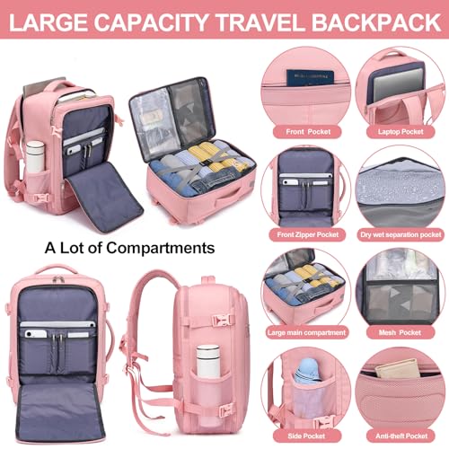 Image of Carry On Backpack for Women,Travel Backpack Flight Approved,Underseat Personal Item Travel Bag With Shoe Compartment, TSA 15.6 inch Laptop Back Pack Casual Daypack for College Weekender Business,Pink