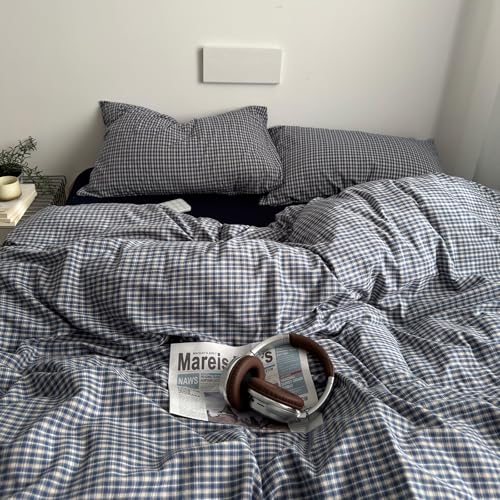 Image of EAVD Vintage Blue Plaid Gingham Duvet Cover King Soft 100% Washed Cotton Reversible Grid Plaid Checkered Gingham Bedding Set with 2 Pillowcases Farmhouse Blue Plaid Duvet Cover with Zipper
