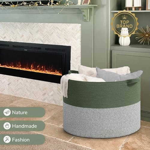 Image of INDRESSME 115L Extra Large Cotton Rope Blanket Basket, Home Decor Laundry Storage Basket for Organizing Bedroom, Living Room, Nursery, Toy Storage for Colthes Towel, Green