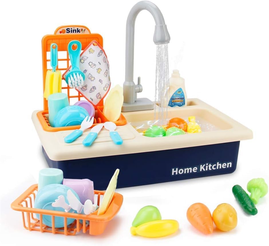 Cable World® Kitchen Set for Kids - Plastic Play Kitchen Sink with Running Water - Electronic Washbasin, Pretend Role Play Toys Set for Kids, Baby's, Toodelrs (Blue)
