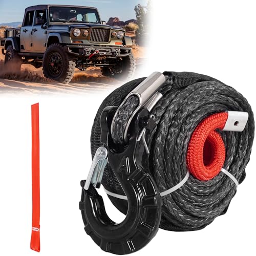 RUHUO Synthetic Winch Rope Kit, 3/8" x92' Winch Cable with Protective Sleeve, Heavy-Duty Winch Hook, Winch Accessories for Off-Road SUV, UTV, ATV (Black&Red, 3/8" x92') by RUHUO - Used condition - US$40.92