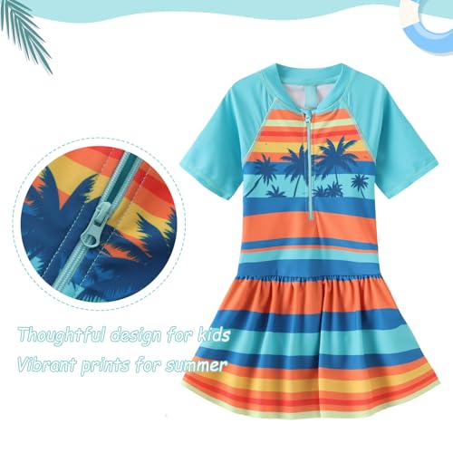 Image of Girls One Piece Swimsuits Short Sleeve Swim Dress for Girls Hawaiian Skirted Bathing Suit Summer Swimwear 3-16 Years