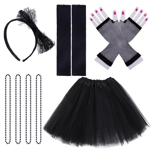 jiebor 80s Costume Accessories Outfits for Women Tutu Skirt Headband Leg Warmers Fishnet Gloves Necklace Halloween Party Black