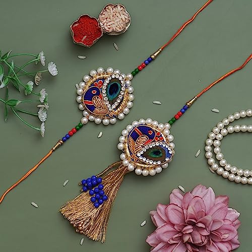 Image of eCraftIndia Diamonds, Pearls Designer Bhaiya Bhabhi Rakhi Set with Roli Chawal Pack -