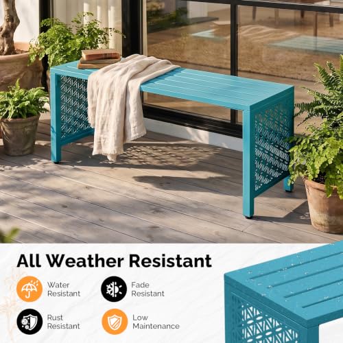 Image of VINGLI 40in Outdoor Metal Bench, All-Weathe Backless Patio Bench with Slatted Seat&Floral Side Panels, Rust-Resistant Garden Bench, Weatherproof Outdoor Seating for Porch Entryway Backyard (Blue)