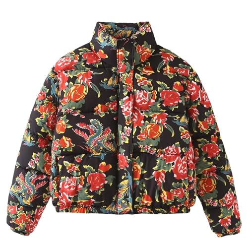 Women Lightweight Floral Puffer Jacket Cropped Quilted Cardigan Coat Warm Vintage Boho Streetwear