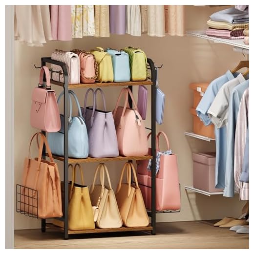 Purse Organizer with Side Hooks and Baskets for Purse Storage, Floor-Standing 3-Tier Purse Rack with Adjustable Feet, High-Capacity Bag Organizer for Closet, Iron and Wood Purse Holder, Patent Pending