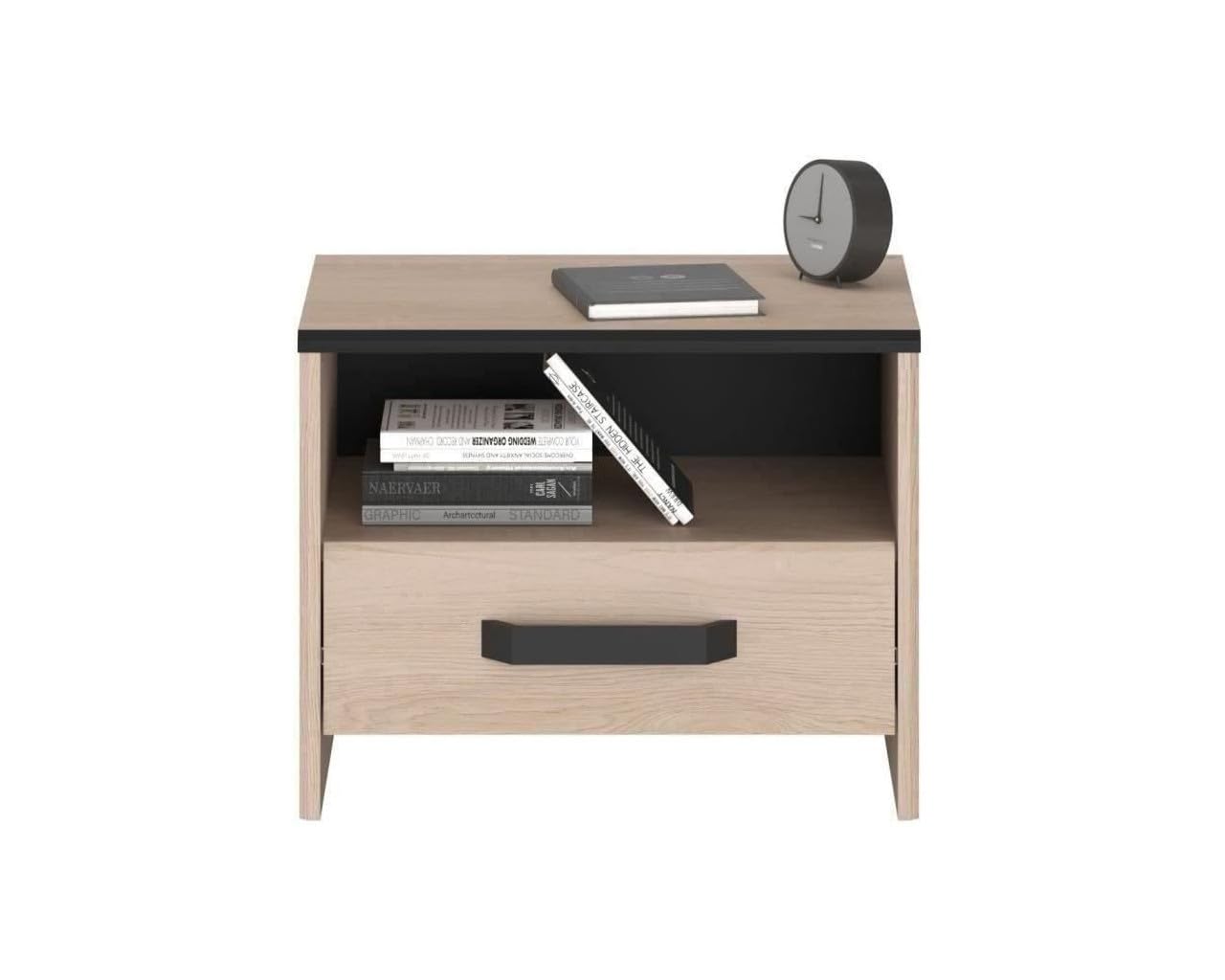 Chambre complete enfant 3 pieces ZODIAC - Lit + chevet + bureau - Décor chene/noir - PARISOT