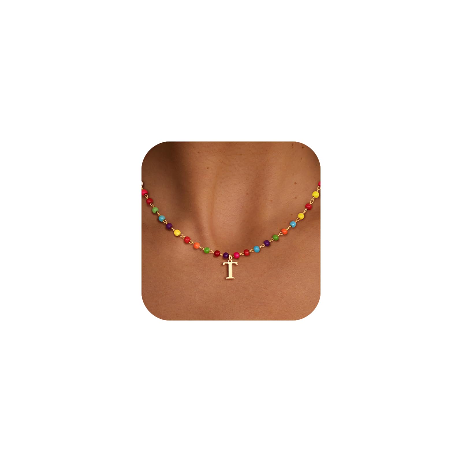 Me&Hz Initial Necklaces for Women Rainbow Beaded Initial Necklaces Boho Colorful Choker Necklace Cute Personalized Letter Necklace for Women