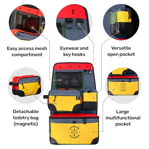 Image of Living in a Bubble Seat back Organizer - Magnetic Toiletry and Cooler Pouch, Cordura Car Backseat Storage with Device Holder & Hooks, Multi-Compartment Utility Bag for Campervans & Family Travel