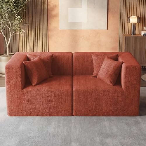 Image of MONVANE 75 inch Loveseat Sofa, Comfy Chenille Modular Sectional Sofa with 4 Pillows, Modern Deep Seat Boneless Couch, 2 Seater Sofa for Living Room, Bedroom and Apartment, Rust Red