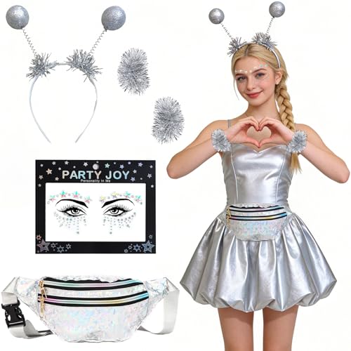 MINGJAY Alien Kostüm Set 4 Stück Alien Kostüm Damen Aliens Haarreif Aliens Kostüm Zubehör Mode Wasserdicht Gürteltasche Glitter Aliene Accessoires für Halloween Karneval Maskerade