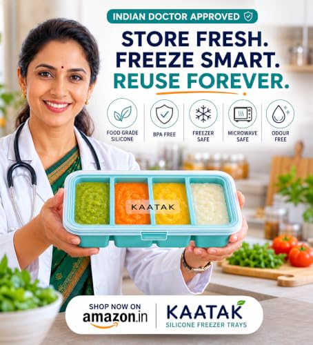 Image of BPA Free Silicone Freezer Storage Container with lid - Airtight and Leakproof, Food Grade, Reusable,Microwave & Freezer Safe (Light Blue, 4 Partition)