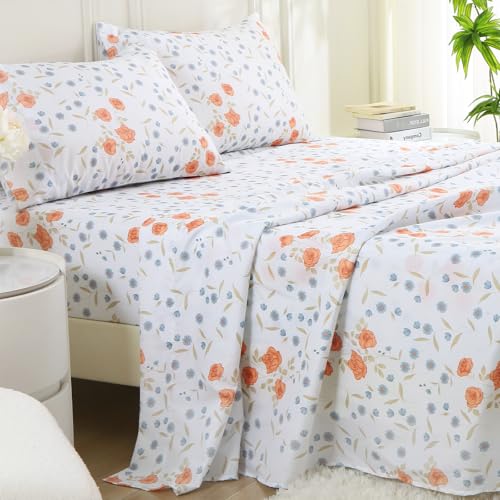 Image of MUXHOMO Full Size 4 Piece Sheet Set, Soft Sheet Set for Bedroom with Deep Pocket Up to 16 inch, Wrinkle-Free Bed Sheet with Flat Sheet, Fitted Sheet & Pillowcases - Orange Blossom