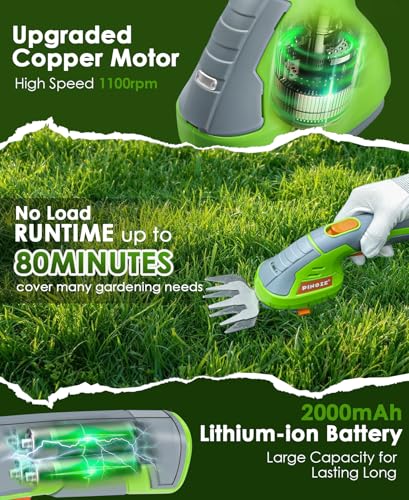 Pinoze Cordless Grass Shear & Hedge Trimmer - 2 In 1 Handheld 7.2V Small Electric Bush Trimmer, 2.0Ah Rechargeable Battery Powered Shrub Trimmers Grass Cutter For Garden, Yard, Lawn Care - Grey/Green - 3