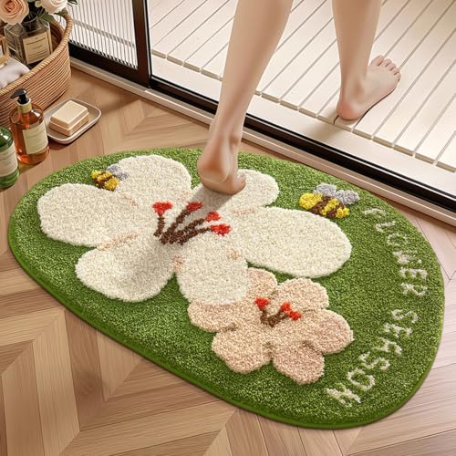 Image of Cute Flower Bath Mat, Ultra Soft Absorbent Bathroom Shower Rug with Non-Slip TPR Backing, Washable Decorative Floor Mat for Bathtub Shower Bedroom Living Room 23.6 inch x 31.5 inch