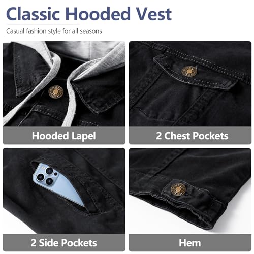 Men's Denim Vest Casual Button Stretchy Distressed Jean Sleeveless Jacket with Hood3