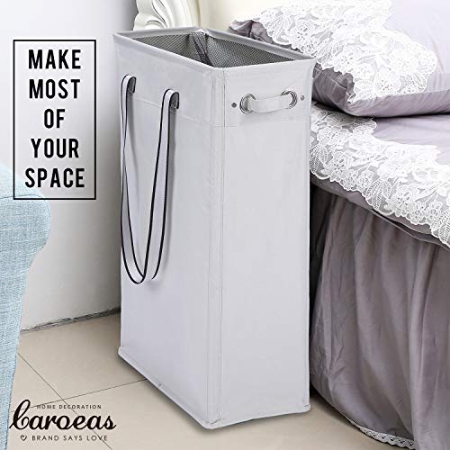 Clothes Basket, Caroeas 24" Handy Hanging Laundry Basket Tall & Slim Hamper Waterproof Laundry Bag Collapsible Travel Laundry Bag with Breathable Mesh Cover & Soft Handle Laundry Hamper (Light Grey)