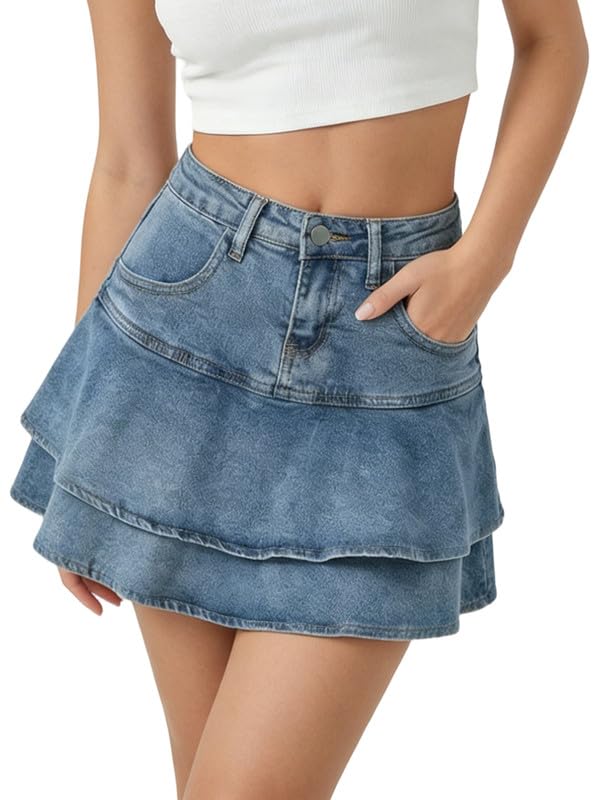ZHAOCAI Mini Denim Skirt for Women UK A Line Jean Skirts with Pockets Bodycon Summer Casual Stretch Mid Waisted Short Skirt Y2K Girls Cotton Fashion Pleated Ruffle Layered Skirts with Zipper Button